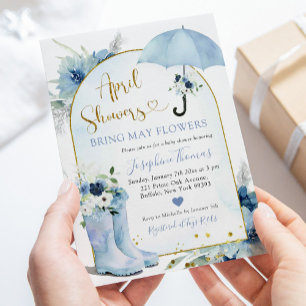 Dusty Blue Parbrella April Shower Baby Shower Inbjudningar