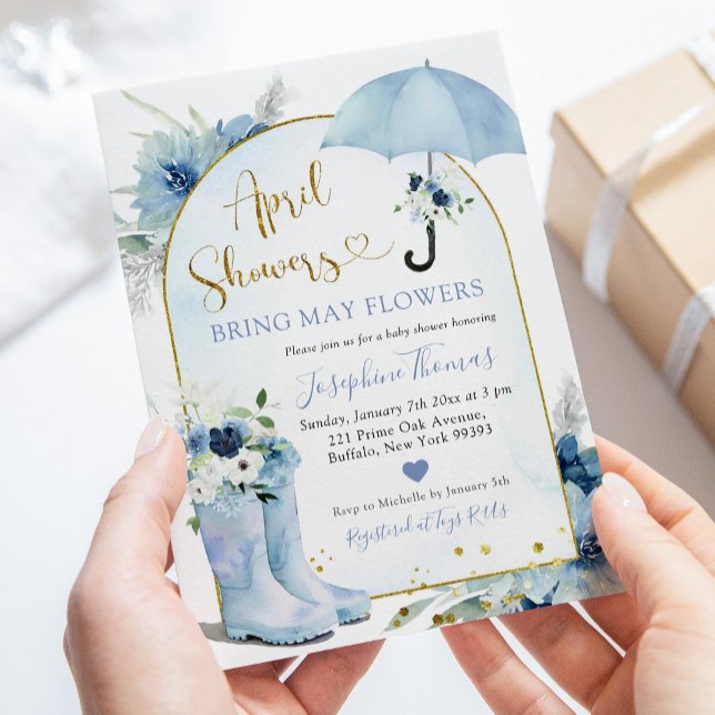 Dusty Blue Parbrella April Shower Baby Shower Inbjudningar (Skapare uppladdad)