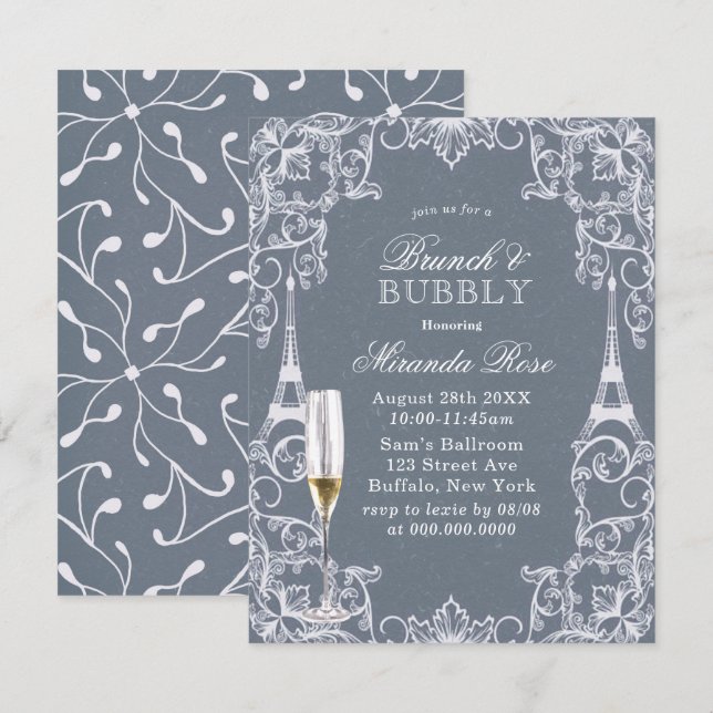 Dusty Blue Paris Frankrike Brunch & Bubbly-inbjuda Inbjudningar (Fram/baksida)