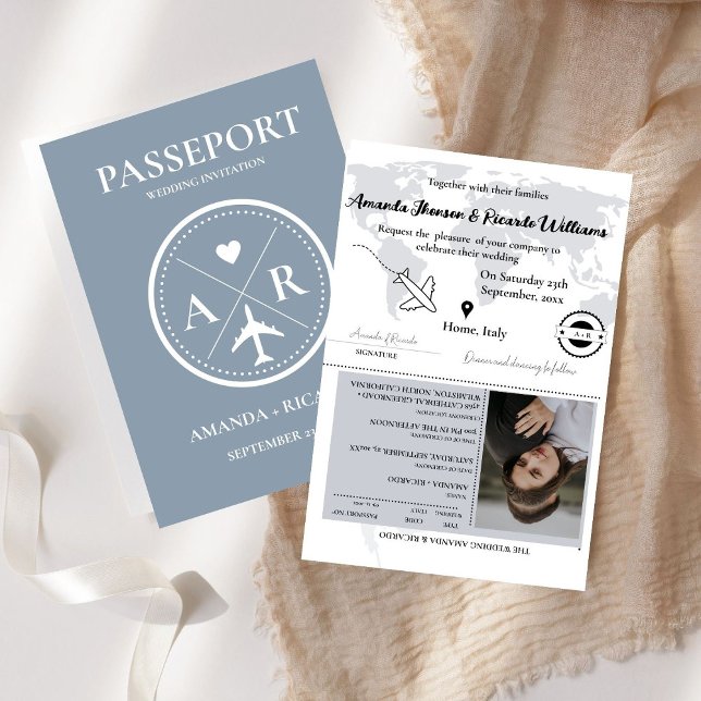 Dusty Blue Passport Photo Wedding-inbjudan Inbjudan (Skapare uppladdad)