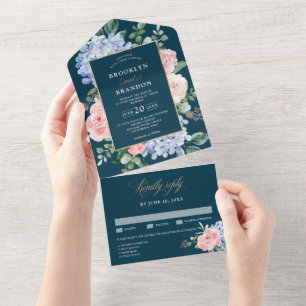 Dusty Blue Pastel Rosa hydrangeas Blommigt Bröllop