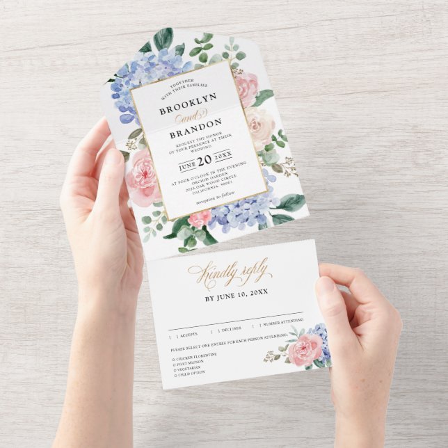 Dusty Blue Pastel Rosa hydrangeas Blommigt Bröllop (Tearaway)