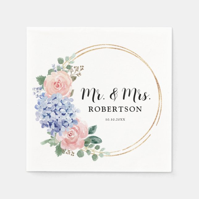 Dusty Blue Pastel Rosa hydrangeas Blommigt Bröllop Pappersservett (Framsidan)