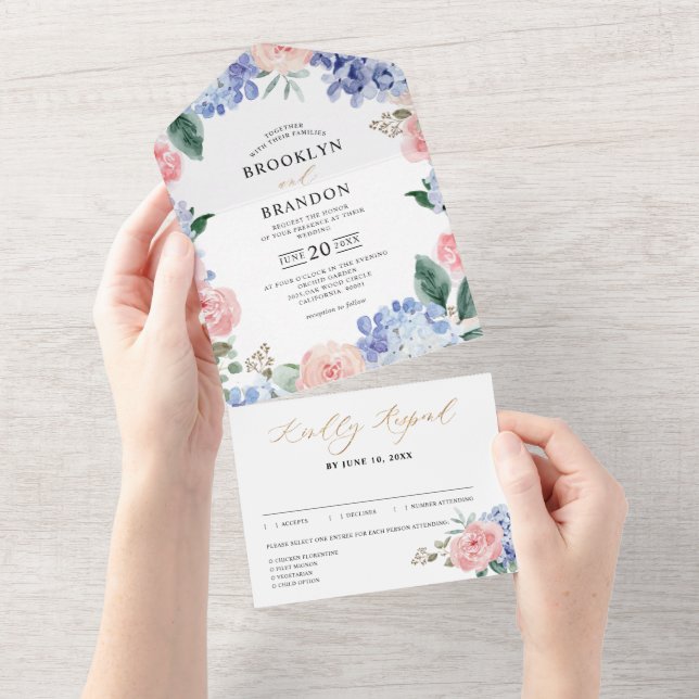 Dusty Blue Pastel Rosa hydrangeas Bröllop all in O (Tearaway)