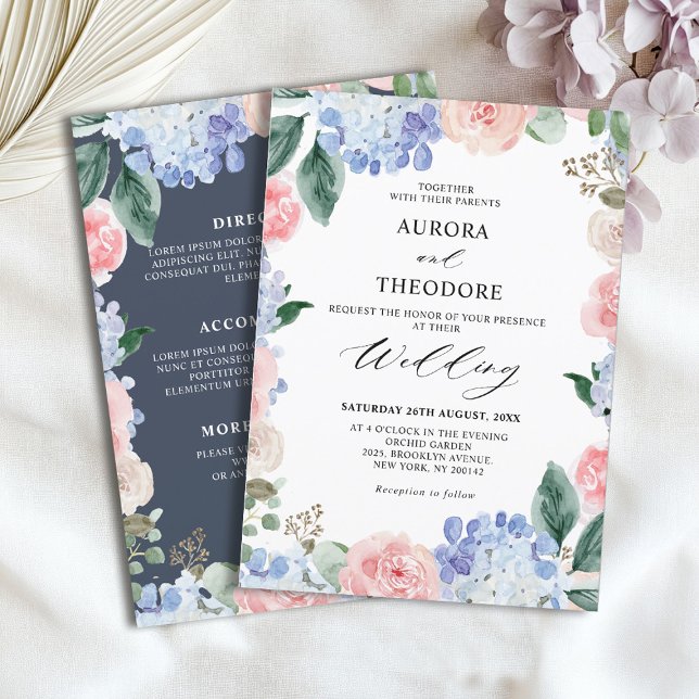Dusty Blue Pastel Rosa hydrangeas Bröllop Inbjudningar (Dusty Blue Pastel Pink hydrangeas Wedding Invitation)