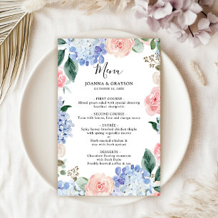 Dusty Blue Pastel Rosa hydrangeas Bröllop Menu