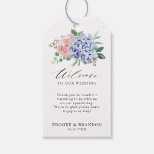Dusty Blue Pastel Rosa hydrangeas Bröllop Presentetikett