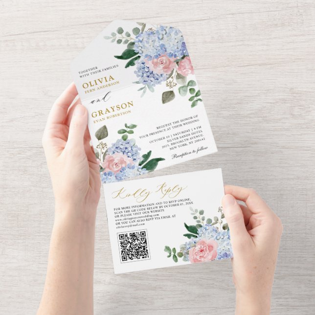 Dusty Blue Pastel Rosa hydrangeas Bröllop QR-kod (Tearaway)