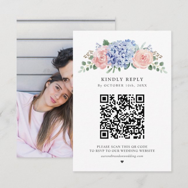Dusty Blue Pastel Rosa hydrangeas Bröllop QR-kod OSA Kort (Fram/baksida)