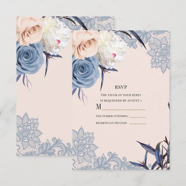 Dusty Blue & Peach Blommig Spets Bröllop RSVP Svar Inbjudningar (Fram/baksida)