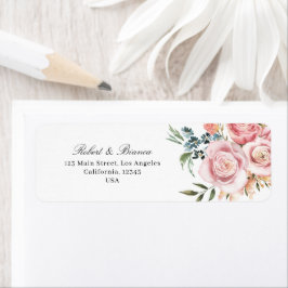Dusty Blue & Peach Blommigt Bröllop Returadress Etikett