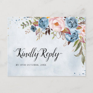 Dusty Blue Peach Blush Botanisk Boho Bröllop RSVP Vykort