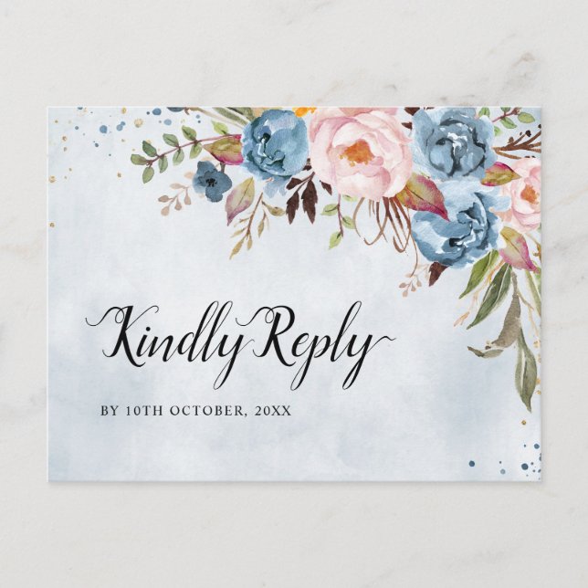 Dusty Blue Peach Blush Botanisk Boho Bröllop RSVP Vykort (Framsida)