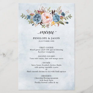 Dusty Blue Peach Botanical Boho Bröllop Menu