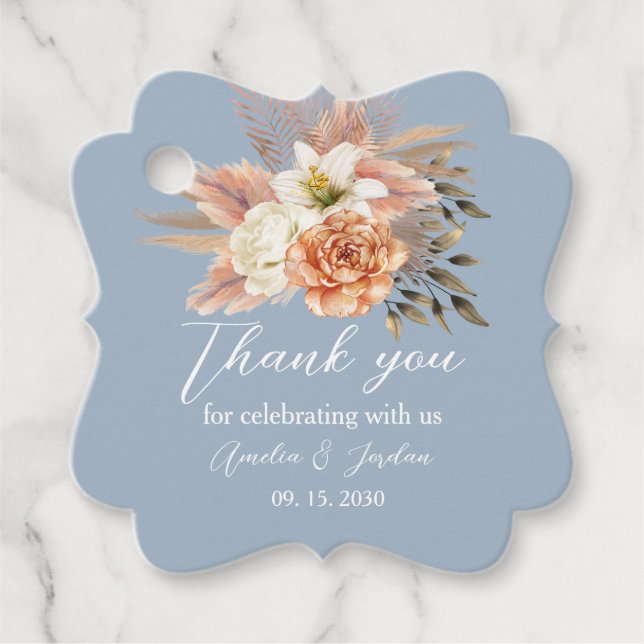 Dusty Blue Peach Bröllop Tack Gåvor Etiketter (Framsida)