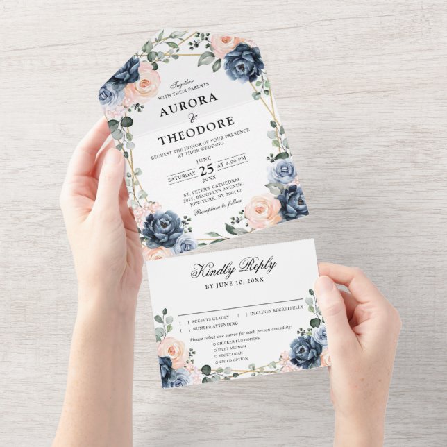 Dusty Blue Peach  Geometric Blommigt Bröllop Al (Avrivbar del)