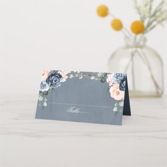 Dusty Blue Peach  Geometric Blommigt Bröllop Placeringskort (Framsida)