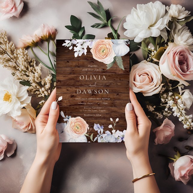 Dusty Blue & Peach Rustic Wood Bröllop Inbjudningar (Skapare uppladdad)