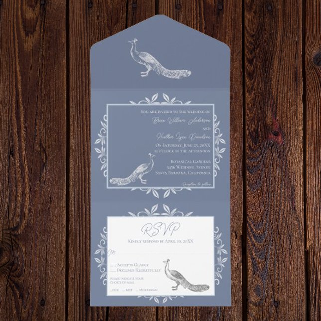 Dusty Blue Peacock blomstrar alla i en enda inbjud (Dusty Blue Peacock Flourish All in One Invitation)