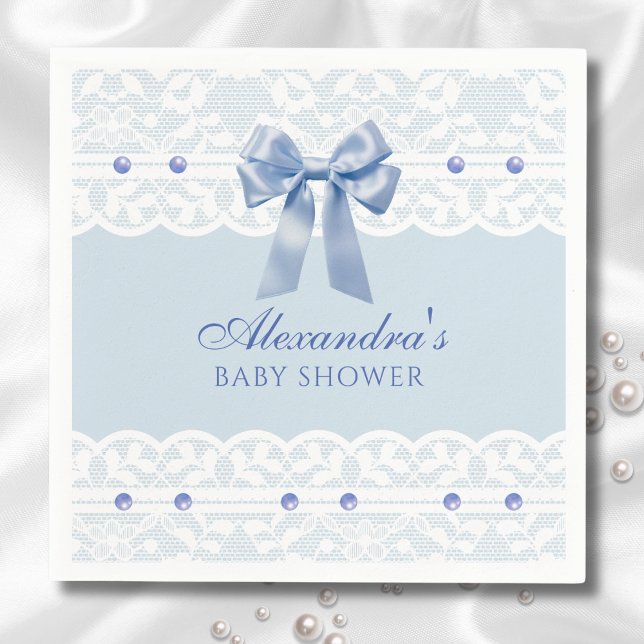 Dusty Blue Pearls Satin Bow Snöre Baby Shower Pappersservett (Skapare uppladdad)