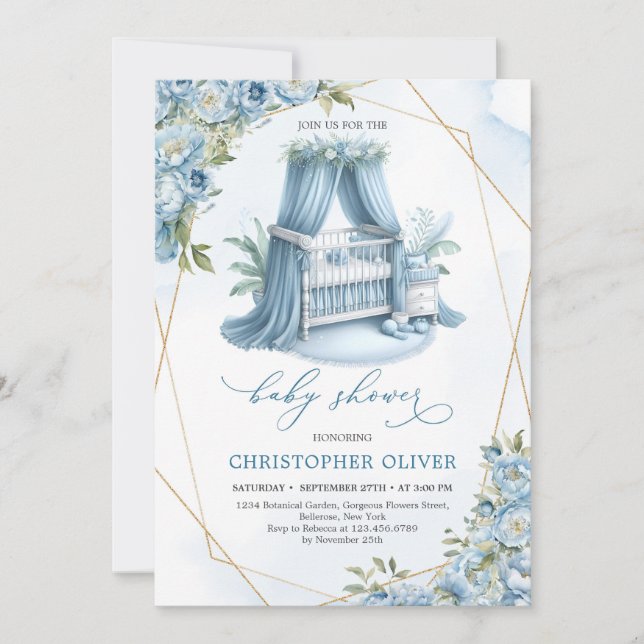 Dusty blue peonies baby crib gold frame boy  inbjudningar (Framsida)
