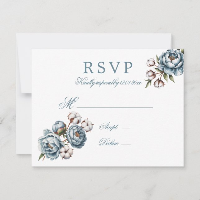 Dusty Blue Peony and Cotton Wedding OSA Kort (Framsida)