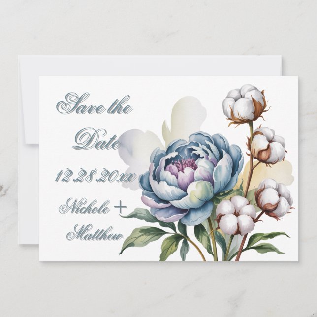 Dusty Blue Peony and Cotton Wedding Spara Datumet (Framsida)