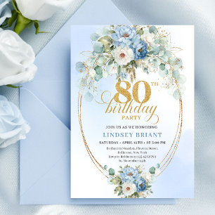 Dusty Blue Peony Blommig Guld Elegant 80-års Inbju Inbjudningar
