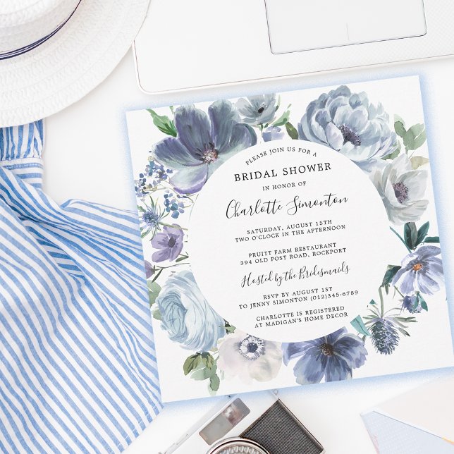Dusty Blue Peony Blommigt Möhippa Square Inbjudningar (Chic Summer Dusty Blue Bridal Shower Invitation)