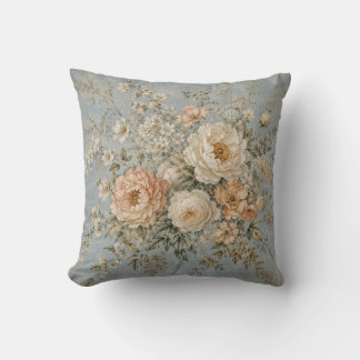 Dusty Blue Peony Elfenbensfärgad Blomma Fransk Lan Kudde