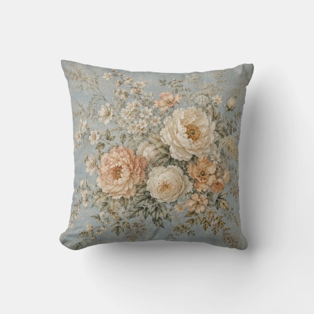 Dusty Blue Peony Elfenbensfärgad Blomma Fransk Lan Kudde (Framsida)