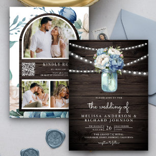 Dusty Blue Peony Mason Burk QR Code Wood Bröllop Inbjudningar