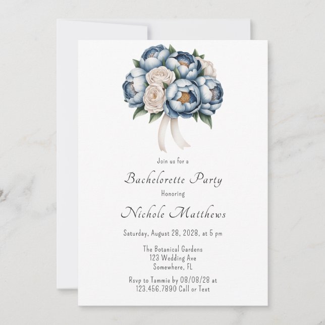 Dusty Blue Peony Ro & Glitter Bachelorette Party Inbjudningar (Framsida)