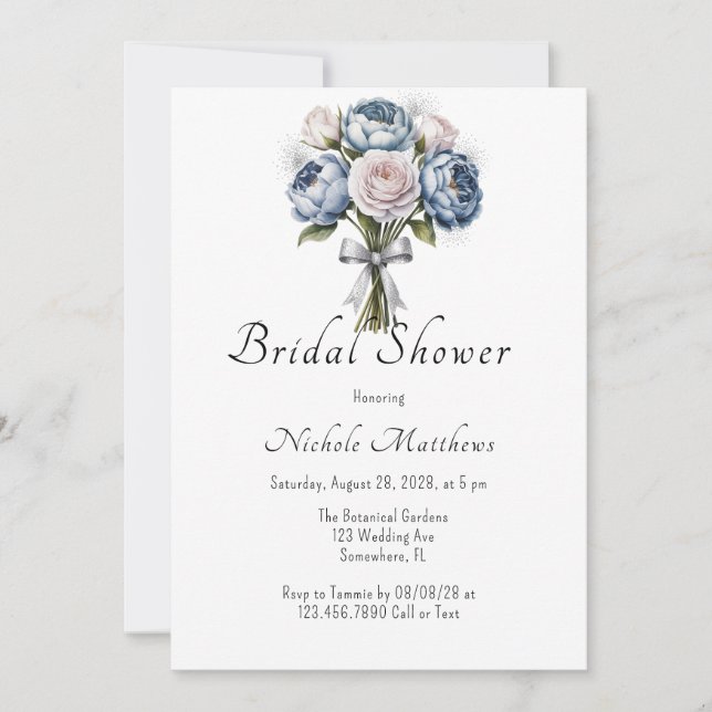 Dusty Blue Peony Ro & Glitter Möhippa Inbjudningar (Framsida)