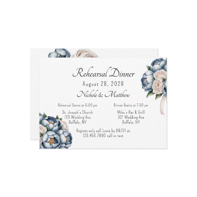 Dusty Blue Peony Ro Rehearsal Dinner Inbjudningar (Fram/Back In Situ)