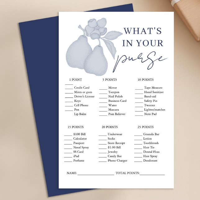 Dusty Blue Perfekt Pear Möhippa Purame (What's In Your Purse Bridal Shower Game)