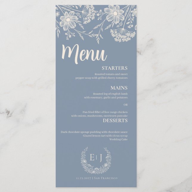 Dusty Blue Periwinkle Wildflower Wedding Menu Meny (Framsida)