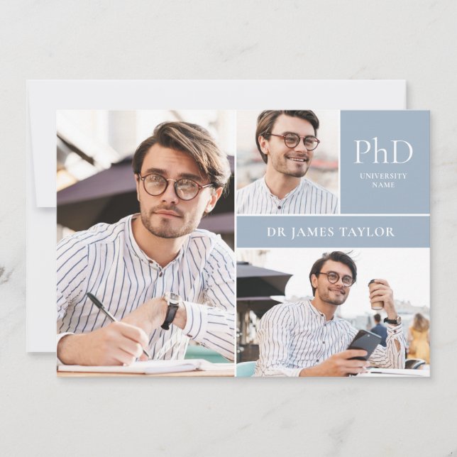 Dusty Blue PhD Degree 3 Photo Studentfest Inbjudningar (Framsida)