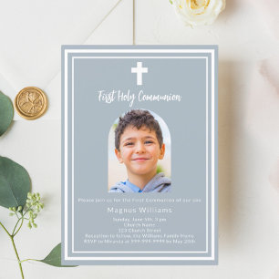 Dusty Blue Phoard Arch First Heliga Communion Inbjudningar