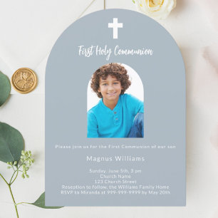 Dusty Blue Photing Boy First Heliga Communion Inbjudningar