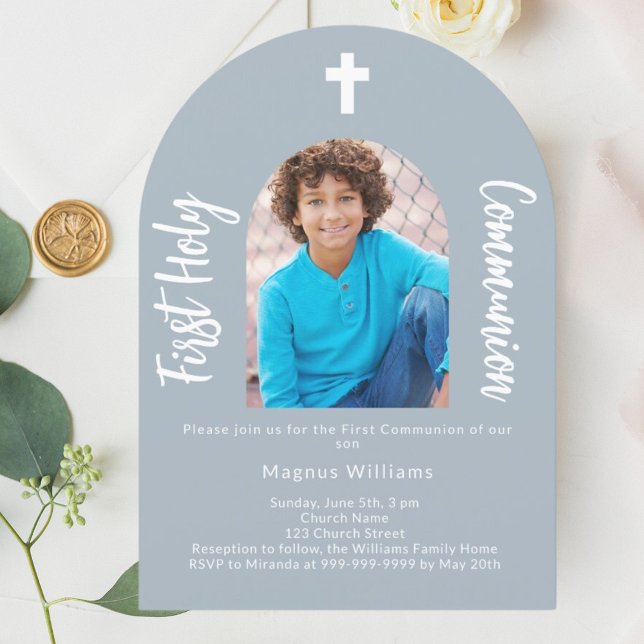 Dusty Blue Photing Boy First Heliga Communion Inbjudningar (Skapare uppladdad)