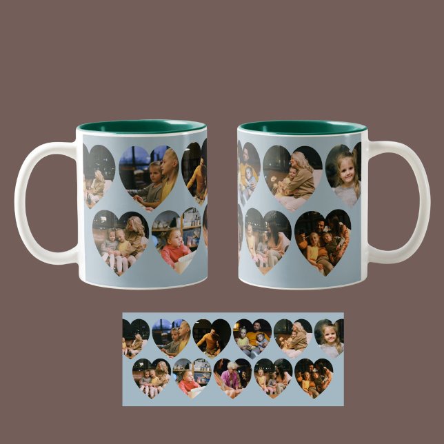 Dusty Blue Photo Collage Mug with Heart Frames Två-Tonad Mugg (Dusty Blue Photo Collage Mug with Heart Frames)