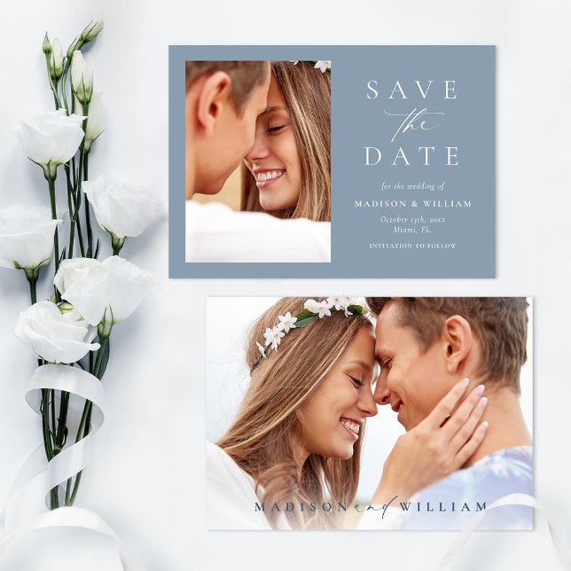Dusty Blue Photo Modern Bröllop spara datum Datumet (Skapare uppladdad)