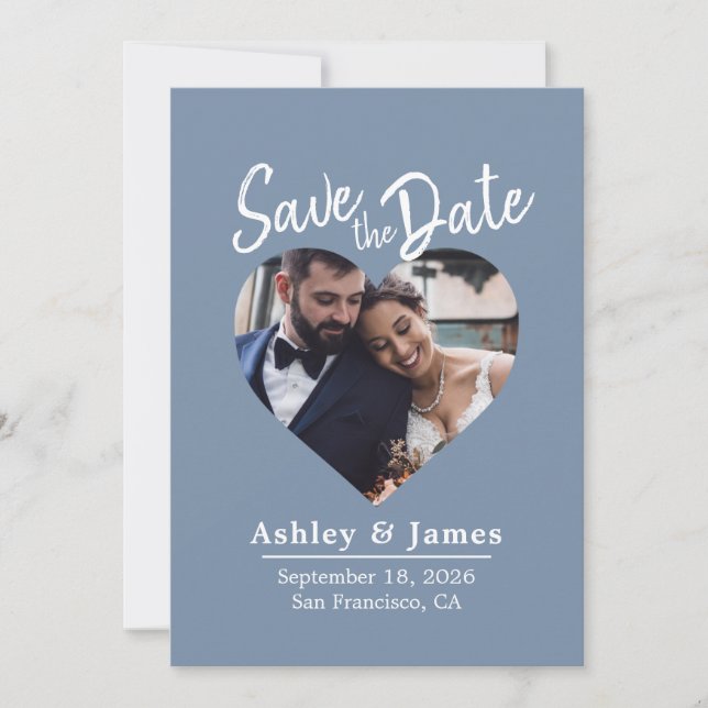 Dusty Blue Photo Modern Script Save the Date Spara Datumet (Framsida)
