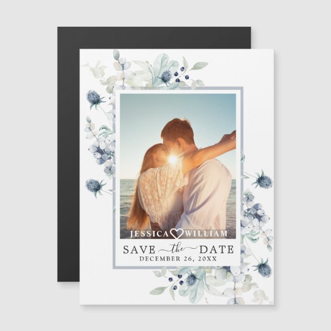 Dusty Blue PHOTO Save Date Magnetic Card (Fram/baksida)