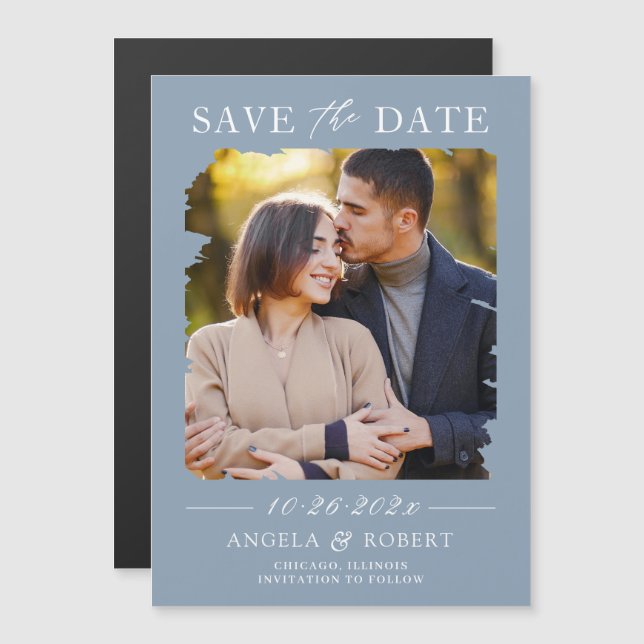 Dusty Blue Photo Save Date Magnetic Card (Fram/baksida)