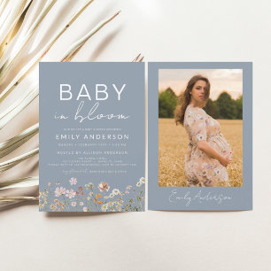 Dusty Blue Photo Wildblomma Baby in Bloom Shower Inbjudningar