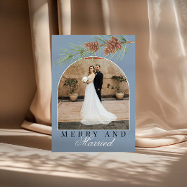 Dusty Blue Pine Merry & Married Photo Christmas Julkort