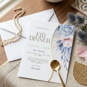 Dusty Blue Pink Blommig Guld Kurva Eid Middagspart Inbjudningar