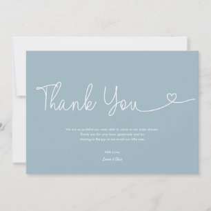 Dusty Blue Pojke Baby Shower Script Hjärtformad Tack Kort